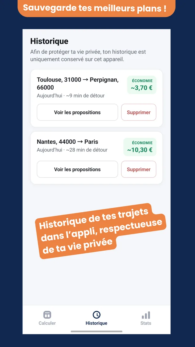 Historique des trajets calculés, conservé uniquement sur l'appareil pour respecter la vie privée.